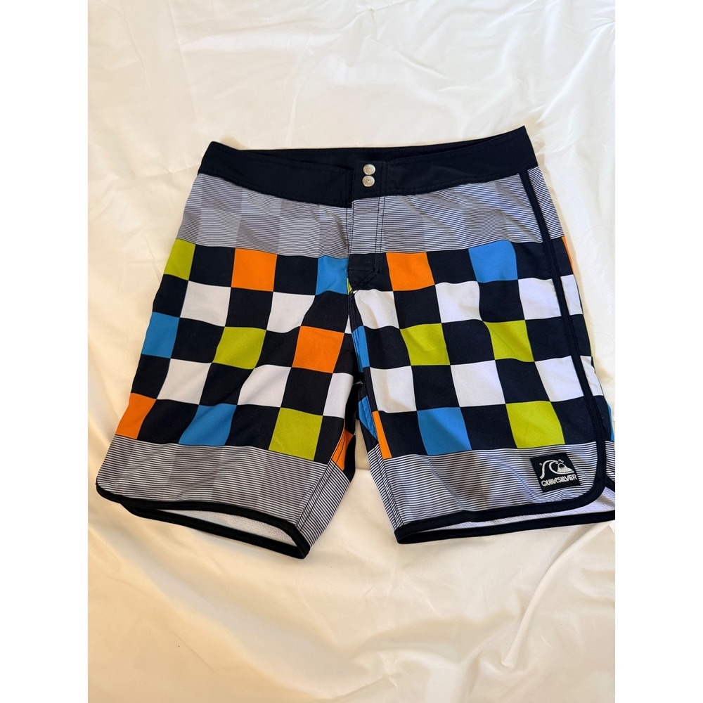 Quiksilver Mens Checkered Board Shorts Multi Color Striped Swim Trunks‎ Medium